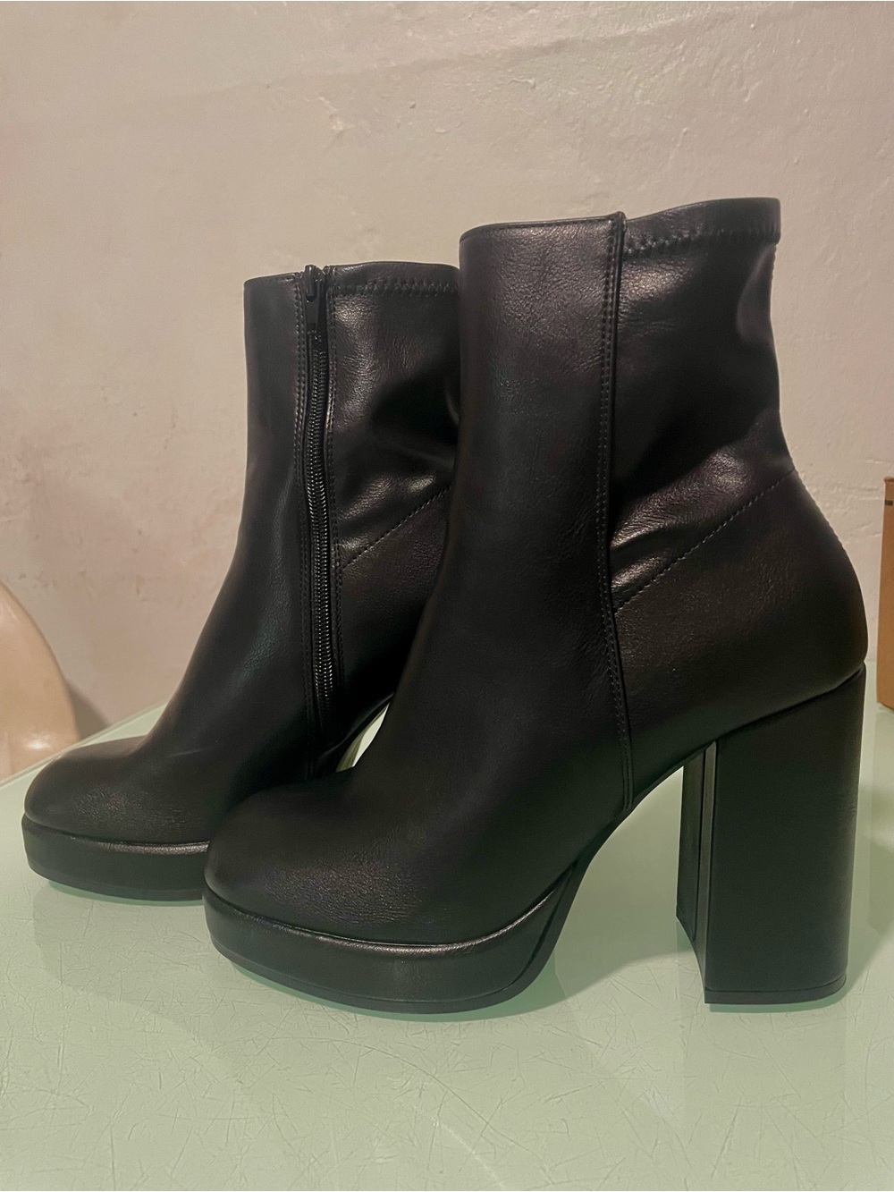 Sleek Black Platform Block Heel Ankle Boots